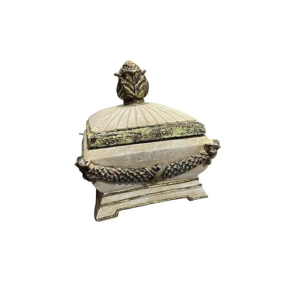 Ornate Florentine Trinket Bowl with Lid Cream Gold Jewelry Box Ceramic Box